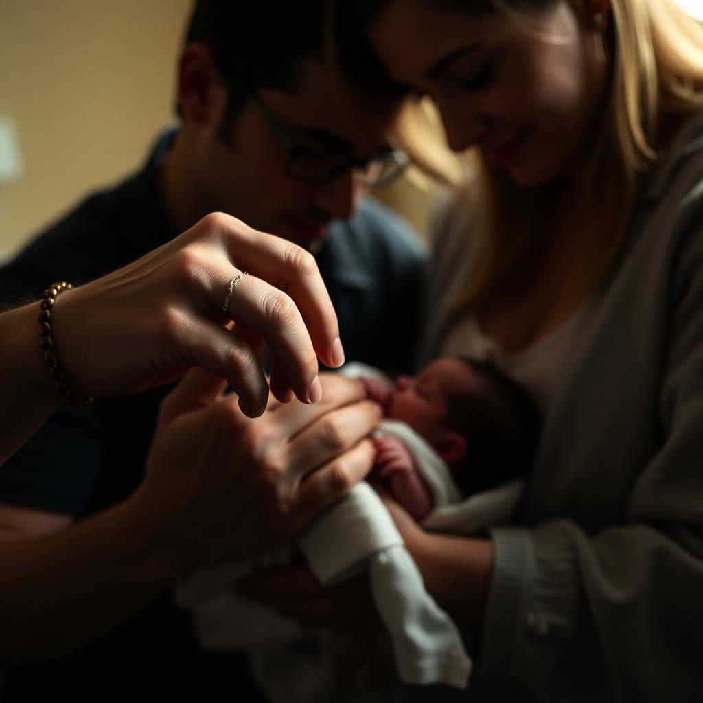 Yeni doğan bebeğin elini tutan anne ve baba